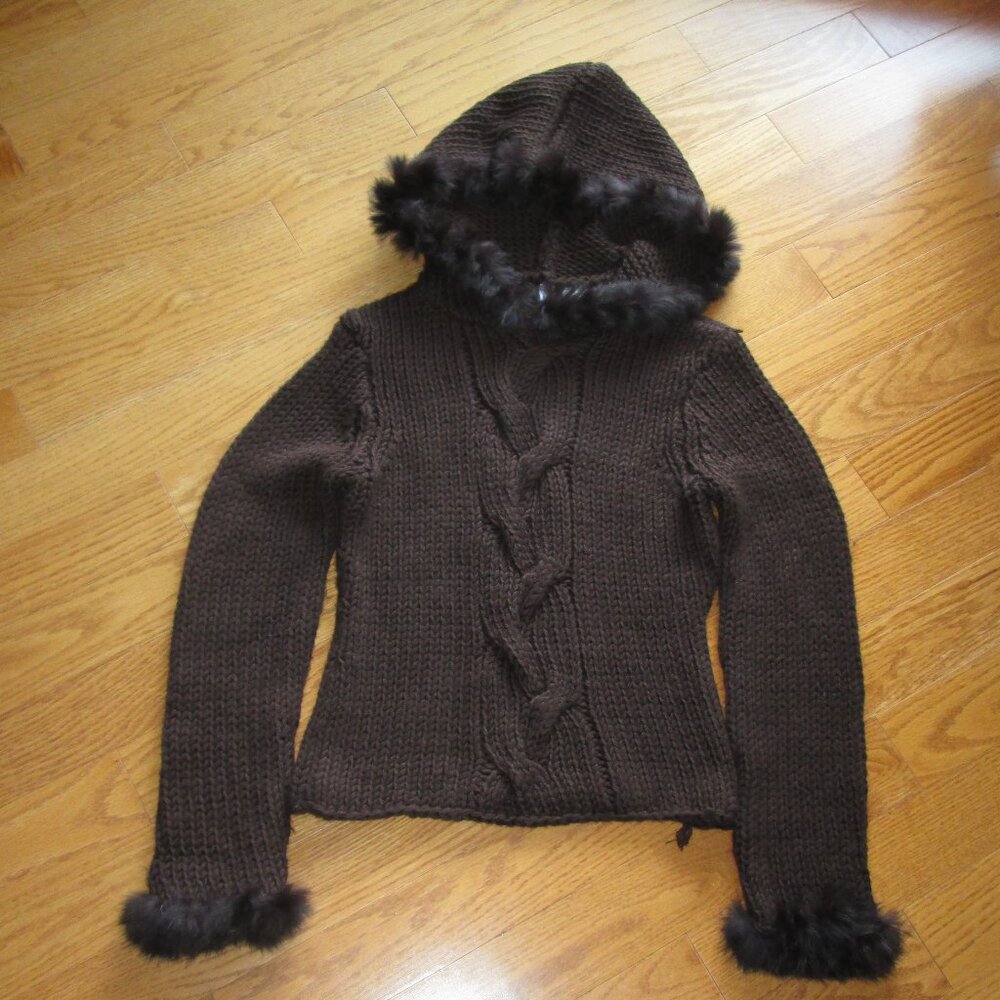 Women's Brown Acrylic Knitted Hoodie with Fur Trimming Size M